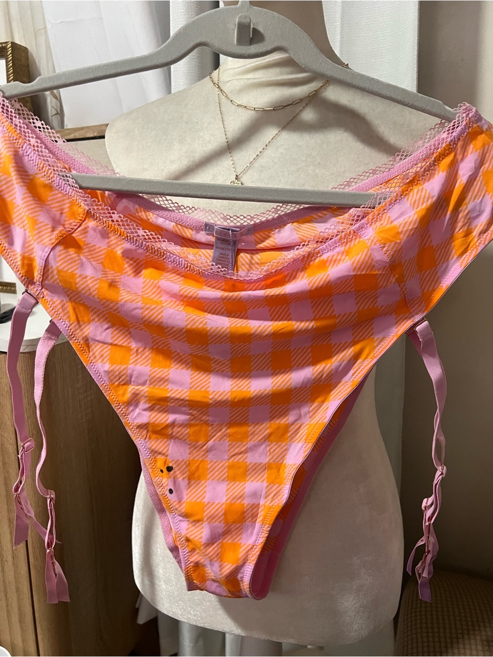 Pink & Orange Gingham Women's Brief with Lace Trim